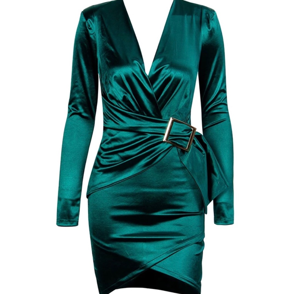 Emerald Green Long sleeve Satin Ruched Dress
